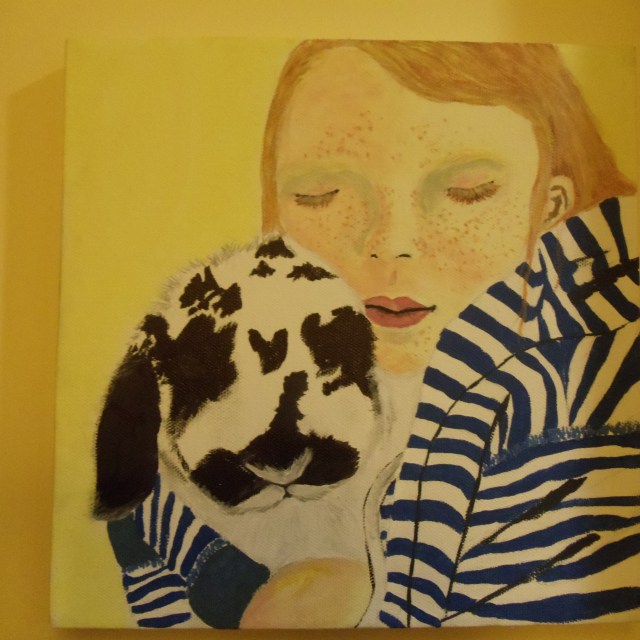 a painting of a girl and her bunny rabbit