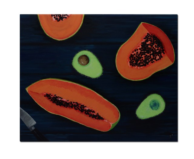 Painting of freshly cut papaya and avocado