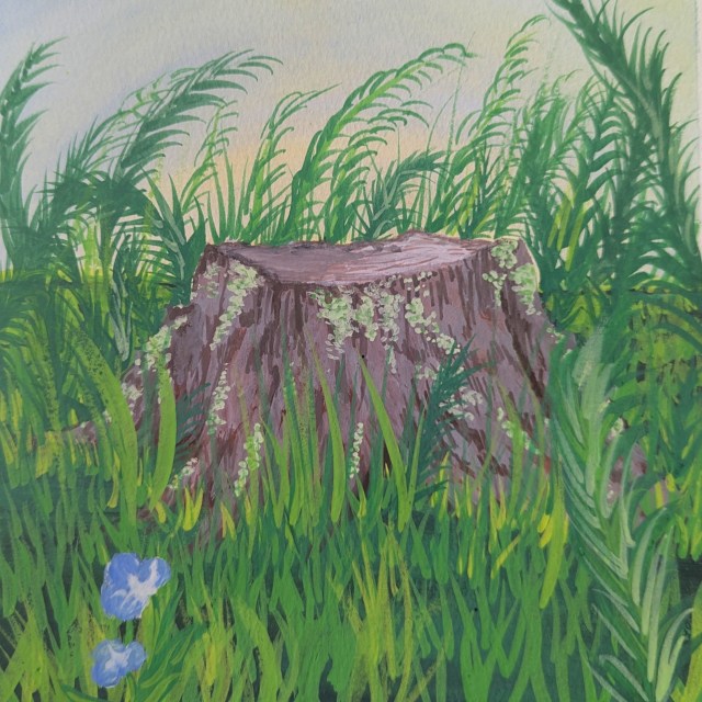 A painting of a tree stump surrounded by tall grasses and plants.