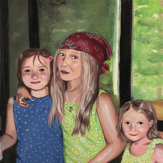 A painting of three young girls with a blurred green background. They are smiling, wearing bright colored summer tops. One holds a plastic cup with popcorn in it.