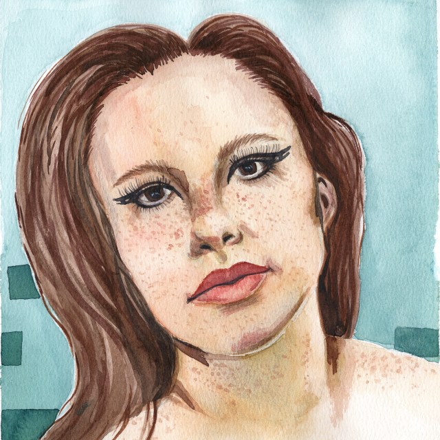 A watercolor portrait of the artist with her hair down and some dramatic black eyeliner against a teal background.