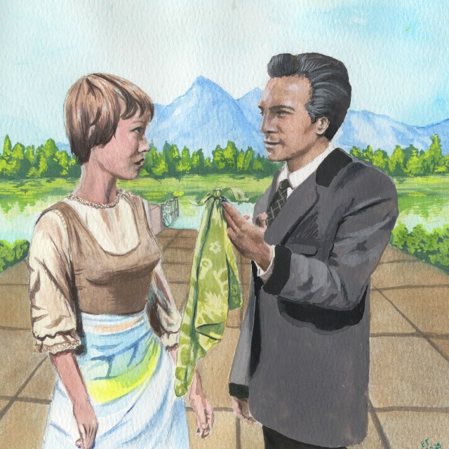 Maria and Captain Von Trapp are standing face to face, with the backdrop of a lake and mountains. He holds up a green bandana, with a concerned and slightly annoyed look on his face.