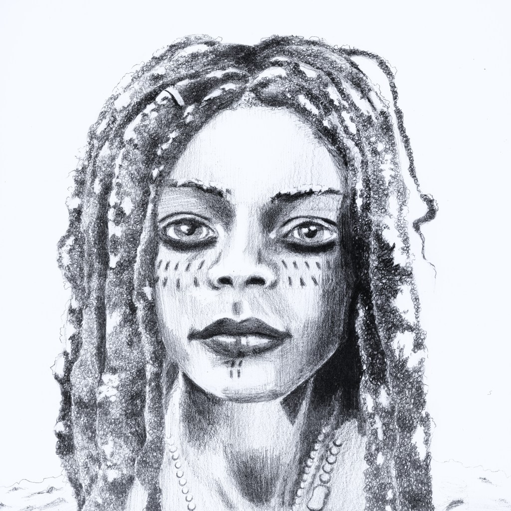 A pencil drawing of Calypso, a character from Pirates of the Caribbean. 