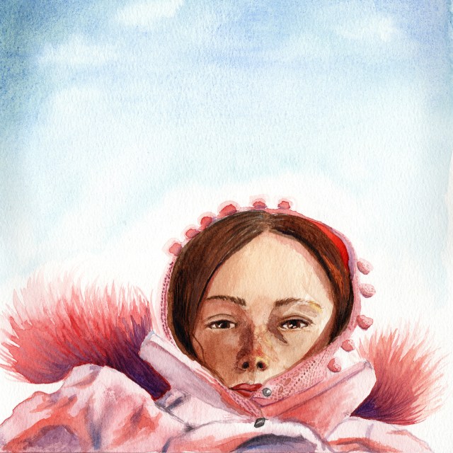 A watercolor painting of a girl's face, with her mouth covered partially by the opening of her pink coat. Pink fur surrounds the hood of the jacket.