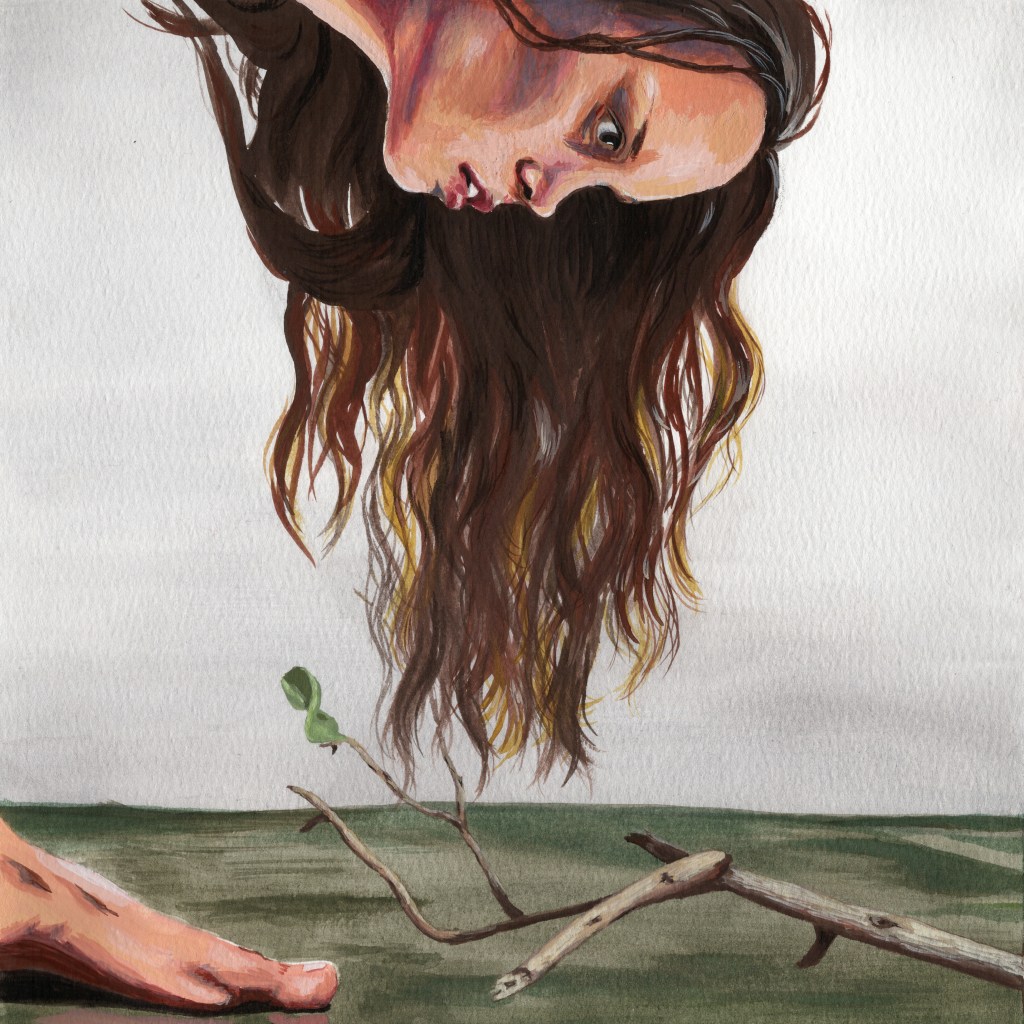 An image of River from Firelfy, peering down at a twig on the ground. Her head is in profile, and her hair is hanging down toward the ground. 